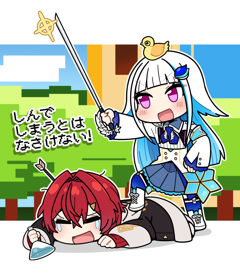 2girls, :d, ange_katrina, ange_katrina_(1st_costume), animal_on_head, ankle_boots, arrow_(projectile), arrow_in_body