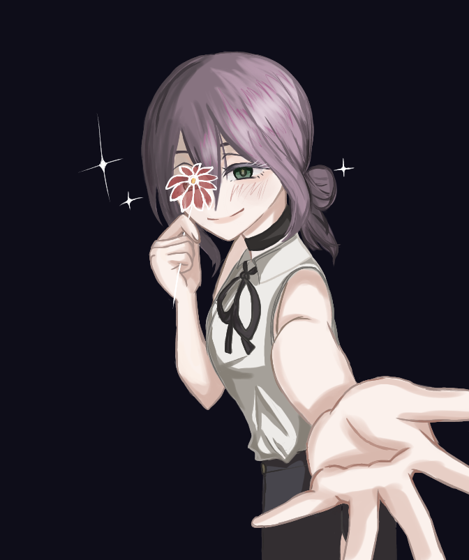 1girl, black_background, black_choker, black_ribbon, black_shorts, c_cv2a, chainsaw_man, choker, collared_shirt, flower, green_eyes, hair_between_eyes, hair_bun, holding, holding_flower, looking_at_viewer, neck_ribbon, outstretched_arm, purple_hair, red_flower, reze_(chainsaw_man), ribbon, shirt, shirt_tucked_in, shorts, solo, white_shirt