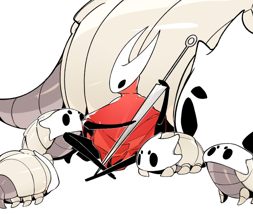 arthropod_girl, bamsot, beastling_(hollow_knight), bell_beast_(hollow_knight), black_skin, cloak, colored_skin, commentary_request