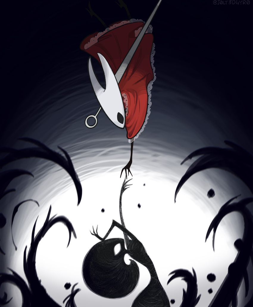 2girls, arthropod_girl, black_skin, cloak, colored_skin, english_commentary, highres, hollow_eyes