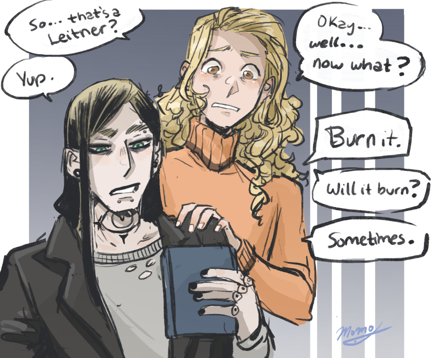 2boys, black_eyeshadow, black_hair, blonde_hair, blonde_hair_roots, brown_eyes, curly_hair, design_speculation, earrings, eyeshadow, gerard_keay, goth_fashion, green_eyes, highres, jewelry, long_hair, makeup, male_focus, michael_shelley, momokarp, multiple_boys, neck_tattoo, shirt, snakebite_(piercing), sweater, tattoo, the_magnus_archives, turtleneck, turtleneck_sweater