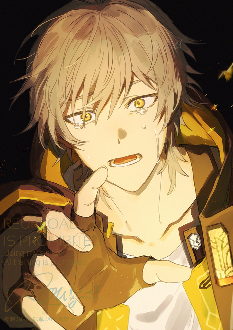 1boy, artist_name, black_background, black_coat, black_gloves, caelus_(honkai:_star_rail), coat, collarbone