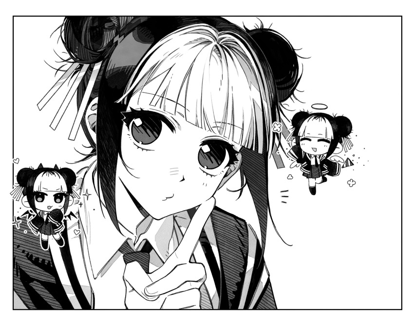 1girl, absurdres, black_border, blunt_bangs, border, chibi, chibi_inset, chinese_commentary, collared_shirt, commentary, double_bun, greyscale, hair_bun, highres, hinao_(kagurabachi), index_finger_raised, kagurabachi, looking_at_viewer, monochrome, multicolored_hair, necktie, party_popper, pout, qingyao_u3u, shirt, short_hair, shoulder_angel, shoulder_devil, simple_background, solo, split-color_hair, two-tone_hair