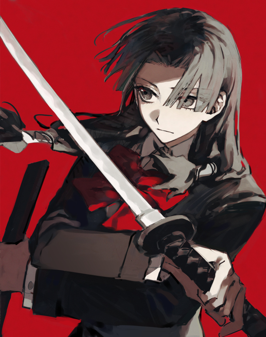 1girl, absurdres, black_eyes, black_hair, black_jacket, blazer, chinese_commentary, collared_shirt, commentary, curtained_hair, expressionless, forehead, hair_behind_ear, highres, holding, holding_sheath, holding_sword, holding_weapon, jacket, kagurabachi, katana, long_hair, looking_to_the_side, low-tied_long_hair, neckerchief, parted_bangs, qingyao_u3u, red_background, red_neckerchief, reverse_grip, samura_iori, school_uniform, sheath, shirt, simple_background, solo, sword, upper_body, weapon, white_shirt