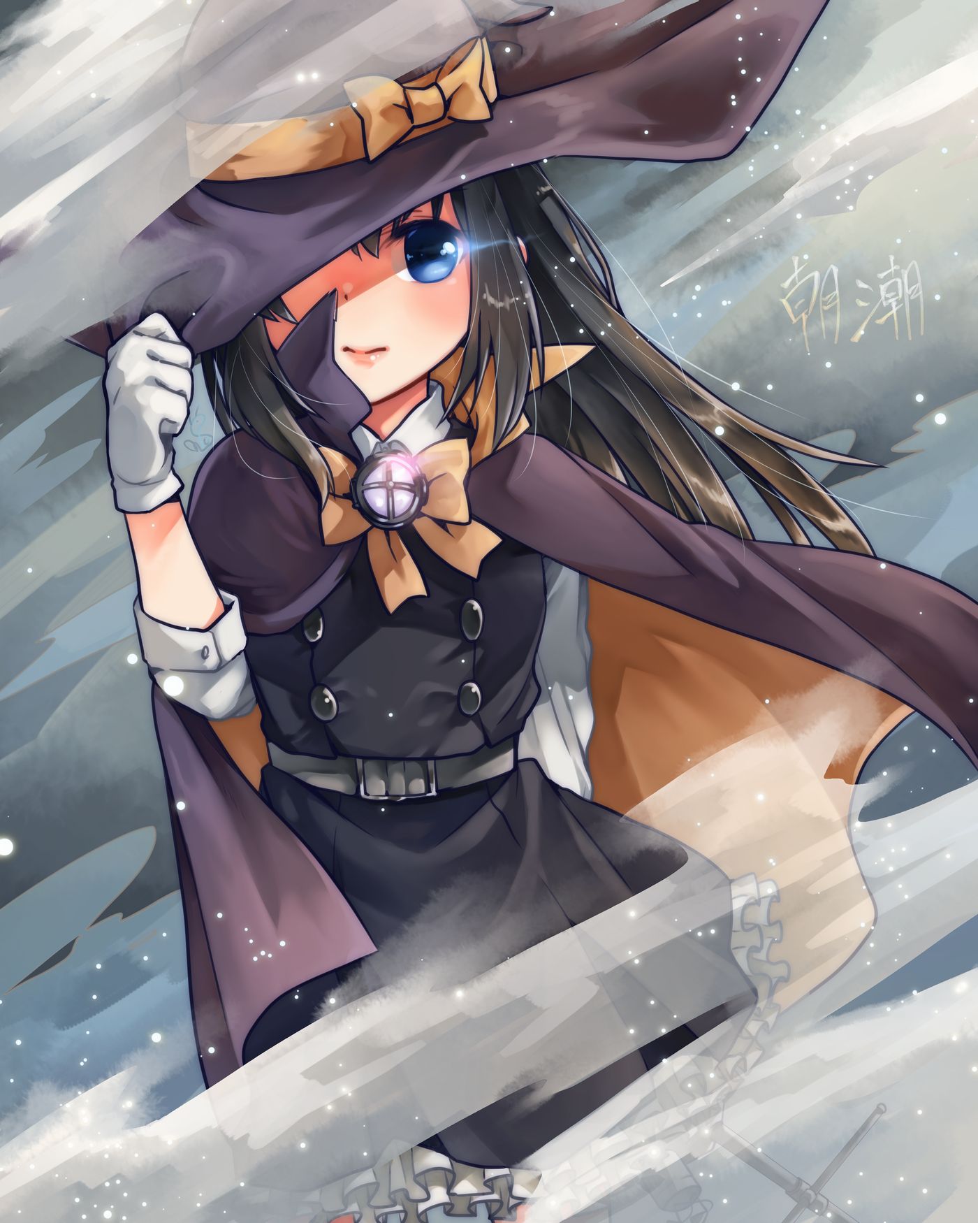 1girl, animal_ears, asashio_(halloween)_(kancolle), asashio_(kancolle), asashio_kai_ni_(kancolle), black_cape, black_hair, blue_eyes, blush, bow, bowtie, cape, cat_ears, dress, gloves, halloween, halloween_costume, hat, highres, kantai_collection, long_hair, long_sleeves, oeoeuhoho, orange_bow, orange_bowtie, orange_cape, pinafore_dress, shirt, sleeveless, sleeveless_dress, solo, staff, striped_clothes, white_gloves, white_shirt, wind, witch, witch_hat