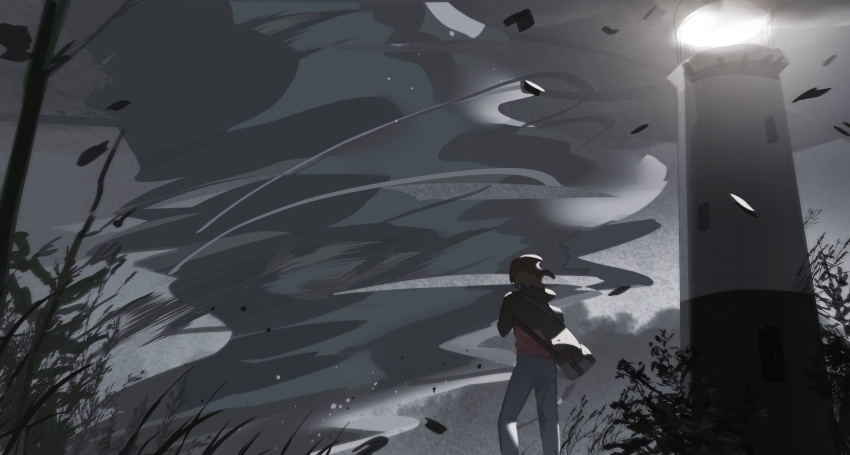 1other, bag, bamboo, character_request, check_character, dark, falling_paper, feet_out_of_frame