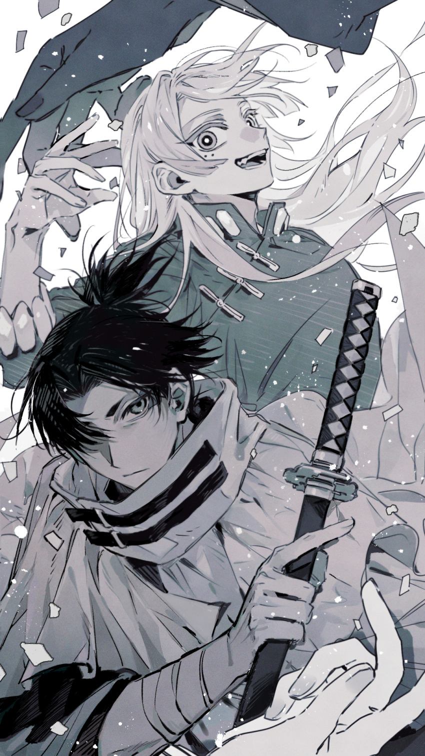 2boys, adam's_apple, bandaged_arm, bandages, cloak, commentary, confetti, disembodied_hand