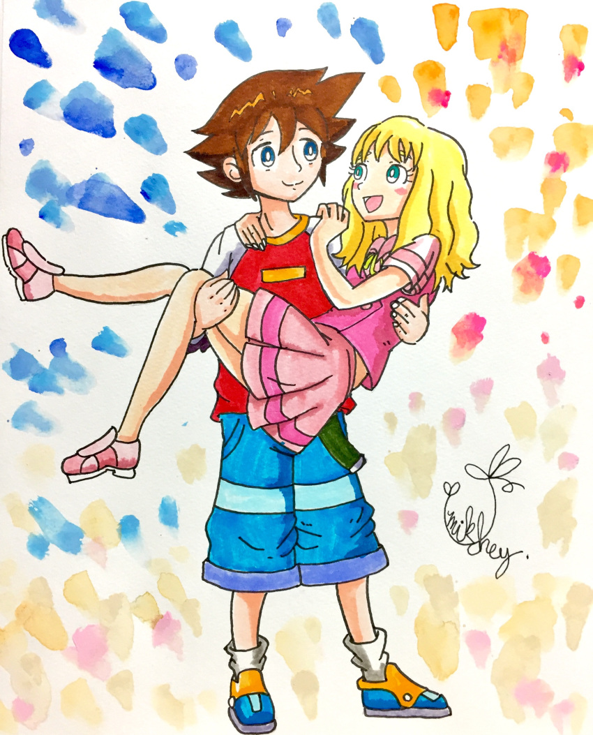 1boy, 1girl, absurdres, blonde_hair, blue_eyes, brown_hair, carrying, carrying_person