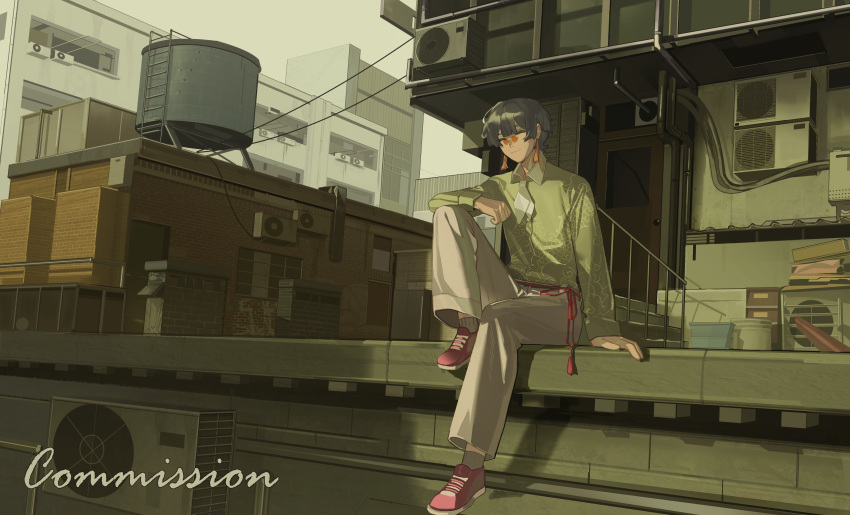 1boy, absurdres, air_conditioner, black_hair, bucket, cable, closed_eyes, collared_shirt, commission, day, door, dutch_angle, elbow_on_knee, full_body, green_shirt, highres, knee_up, ma_someru, original, outdoors, rooftop, rope_belt, shirt, short_hair, sitting, solo, stairs, tassel, water_tank