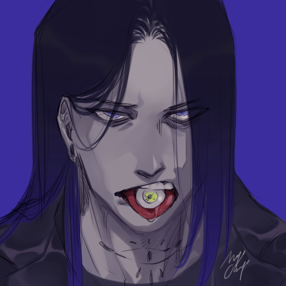 1boy, black_hair, blue_background, blue_hair, colored_skin, design_speculation, earrings, eyeball, gerard_keay, goth_fashion, gradient_hair, grey_skin, jewelry, long_hair, male_focus, mojo-chojoo, multicolored_hair, neck_tattoo, straight_hair, tattoo, the_magnus_archives, tongue, tongue_out