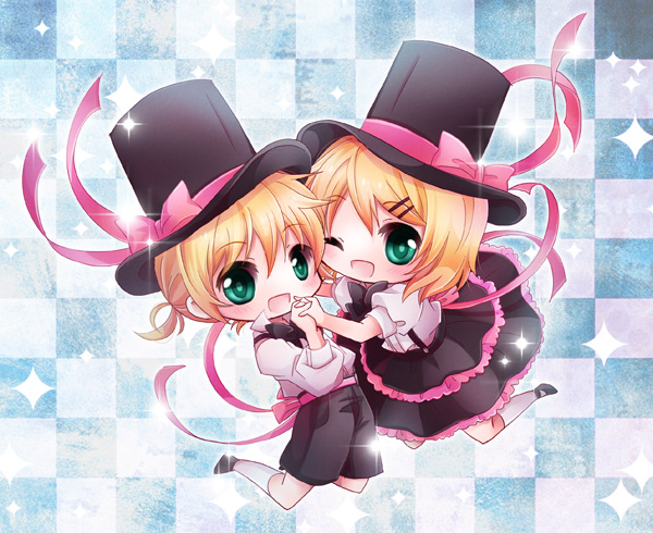 blonde_hair, bonus_stage_(vocaloid), chibi, hair_ornament, hairclip, hat, kagamine_len, kagamine_rin