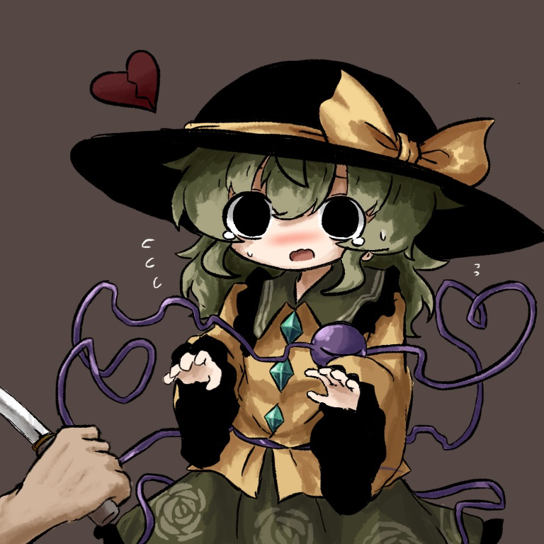 1boy, 1girl, at_knifepoint, black_eyes, black_hat, bow, breasts, broken_heart
