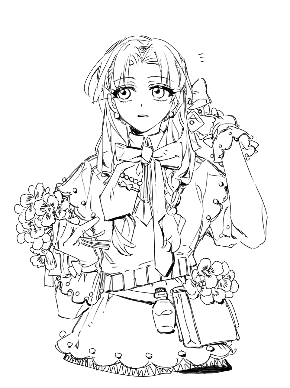 1girl, :o, belt_pouch, bow, chinese_commentary, collared_dress, commentary, cropped_torso