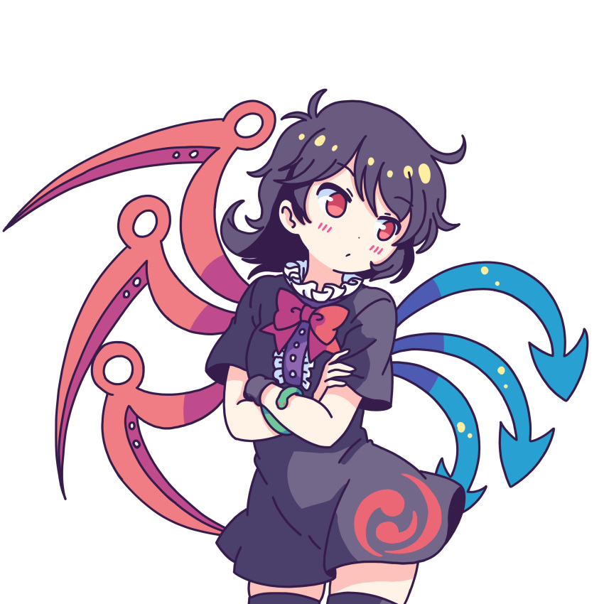 1girl, absurdres, asymmetrical_wings, black_dress, black_hair, black_thighhighs, blue_wings, blush, bow, bowtie, center_frills, closed_mouth, commentary, crossed_arms, dress, english_commentary, frills, green_snake, highres, houjuu_nue, pioartstuff, red_bow, red_bowtie, red_eyes, red_wings, snake, solo, thigh-highs, touhou, transparent_background, wings