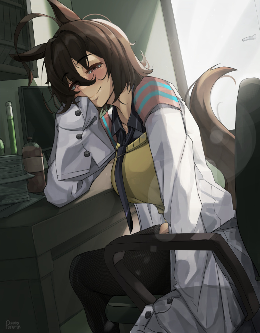 1girl, agnes_tachyon_(tach-nology)_(umamusume), agnes_tachyon_(umamusume), ahoge, animal_ears, black_pantyhose, blush, breasts, brown_hair, chair, closed_mouth, coat, collared_shirt, desk, hair_between_eyes, head_rest, highres, horse_ears, horse_girl, horse_tail, huge_ahoge, lab_coat, long_sleeves, looking_at_viewer, medium_breasts, medium_hair, necktie, on_chair, pantyhose, pururin_2000, red_eyes, shirt, short_necktie, sitting, sleeves_past_fingers, sleeves_past_wrists, smile, solo, sweater, sweater_vest, tail, umamusume, white_coat, yellow_sweater, yellow_sweater_vest