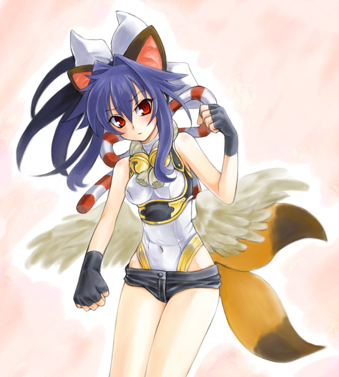 blue_hair, blush, bow, hair_bow, hikabe_sakuho, leotard, low_wings, multiple_tails
