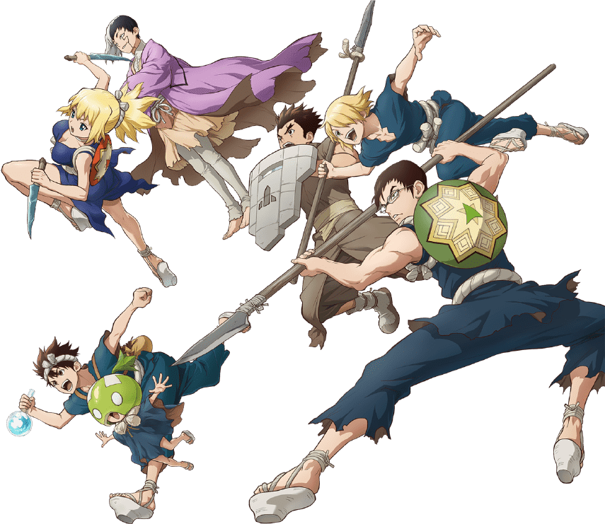 2girls, 5boys, asagiri_gen, black_hair, blonde_hair, brown_hair, chrome_(dr._stone), dr._stone