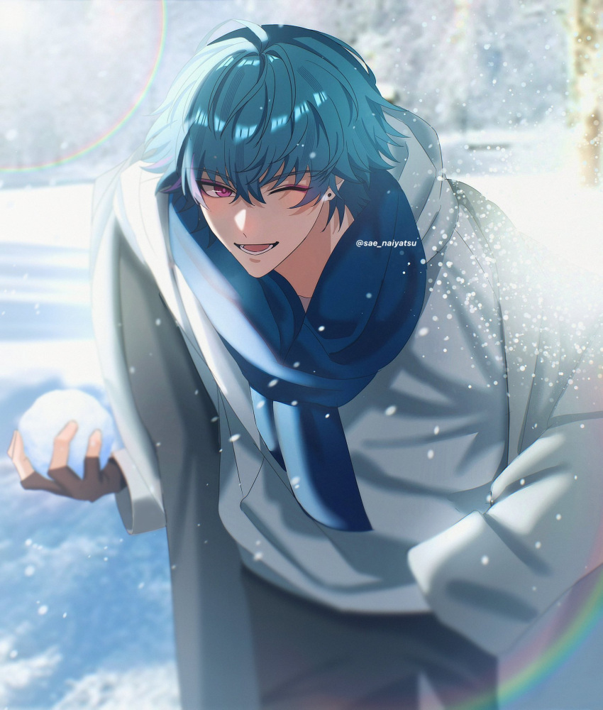1boy, blue_scarf, brant_(wuthering_waves), earrings, fingerless_gloves, gloves, hand_in_pocket, highres, holding, holding_snowball, hood, hoodie, jacket, jewelry, lower_teeth_only, male_focus, one_eye_closed, open_mouth, pink_eyes, rainbow, sae_naiyatsu, scarf, snow, snowball, teeth, wuthering_waves