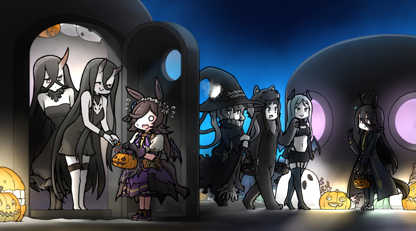 6+girls, abyssal_ship, animal_costume, animal_ears, bat_wings, battleship_princess, battleship_water_oni, black_dress