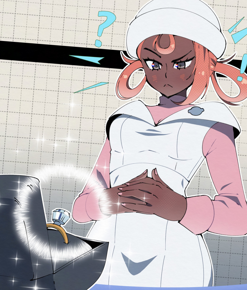 1girl, ?, absurdres, dark-skinned_female, dark_skin, embarrassed, feet_out_of_frame, gjh