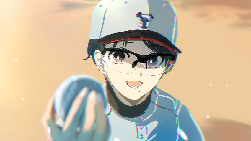 1boy, :d, asumi_chikyuu, ball, baseball, baseball_(object), baseball_cap, baseball_jersey
