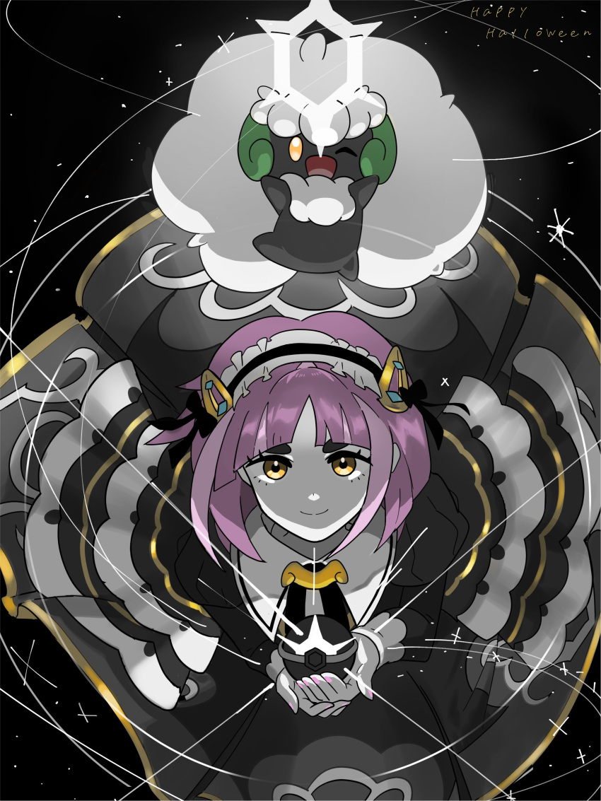 1girl, absurdres, dress, happy_halloween, highres, holding, holding_tera_orb, lacey_(fall_2025)_(pokemon)