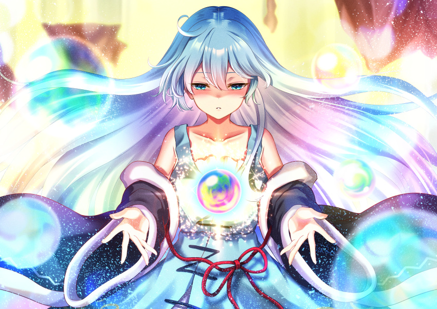 absurdres, akine_(kuroyuri), blue_hair, dress, fantasy_maiden_wars, gensou_shoujo_taisen, hair_between_eyes, half-closed_eyes