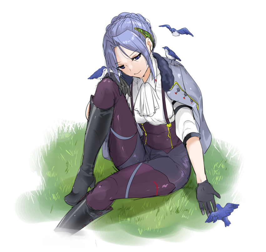 1girl, animal_on_shoulder, ascot, bird, bird_on_shoulder, black_gloves, blue_eyes, blue_hair