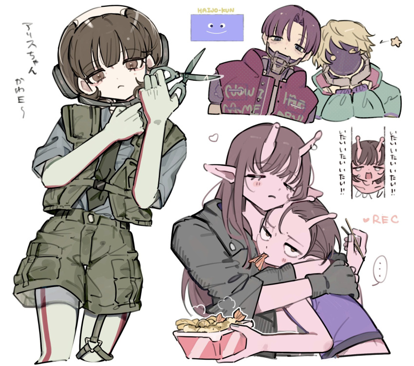 2boys, 3boys, 3girls, ;), alice_santorini, blonde_hair, blush, broken_antenna, brown_eyes, brown_hair, chopsticks, closed_eyes, colored_skin, crop_top, crying, cyborg, daidouji_akane, food, food_in_mouth, haijo-kun, hair_slicked_back, helmet, highres, holding, holding_chopsticks, hug, iwao_kanata, kujo_chiharu, kurt_cramer, long_hair, max_mccalister, metal_jaw, milky_galactic_universe, milky_subway, morning_(d0nteat), multiple_boys, multiple_girls, necktie, no_mouth, one_eye_closed, parted_bangs, pink_skin, red_vest, scissors, short_sleeves, shrimp, shrimp_tempura, sleeveless, smile, star_(symbol), tempura, vest