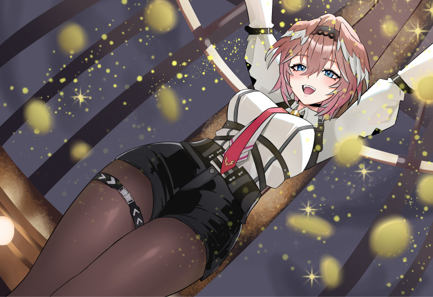 1girl, :d, absurdres, arms_up, black_shorts, blouse, blue_eyes, breasts