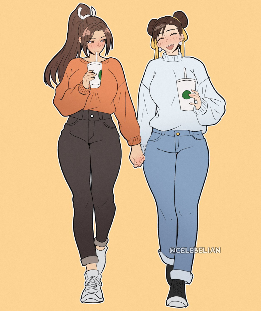 2girls, black_pants, blue_sweater, blush, breasts, brown_eyes, brown_hair, celebelian