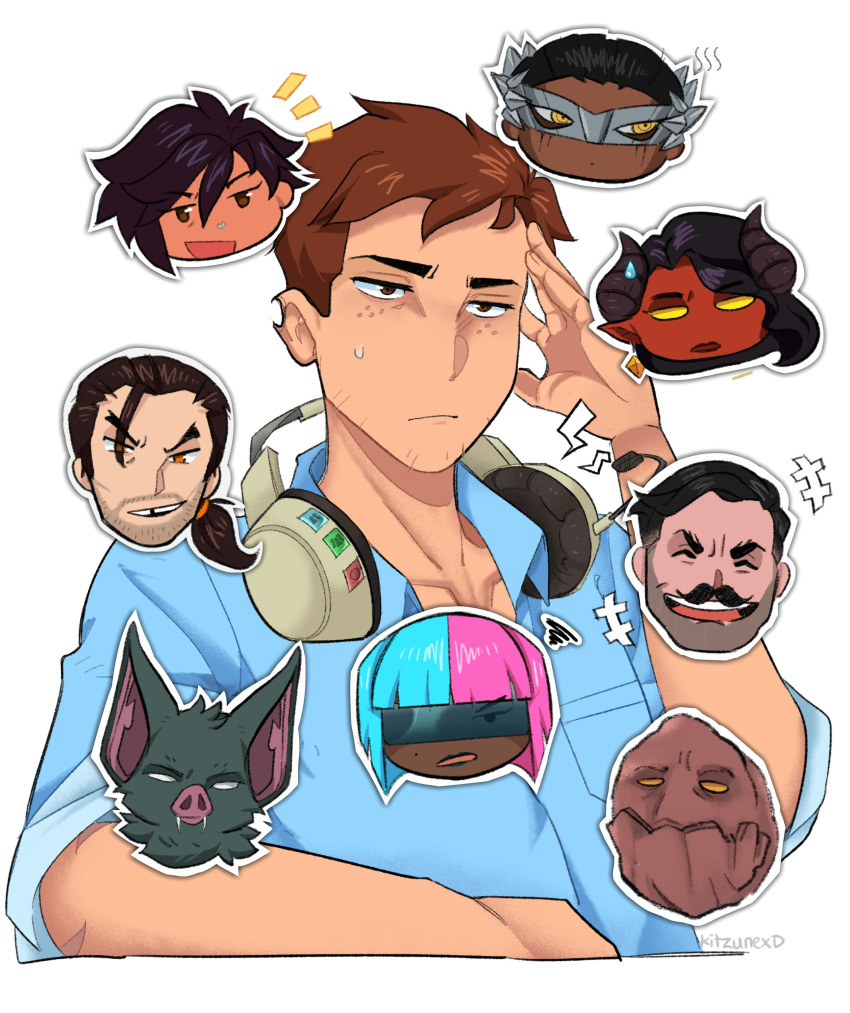 4girls, 5boys, absurdres, aqua_hair, bat_boy, beard, black_hair, black_horns