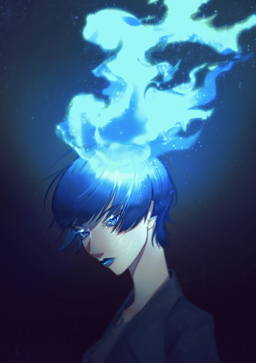 1girl, absurdres, ancient_greek_clothes, animification, blue_fire, blue_hair, blue_lips, closed_mouth