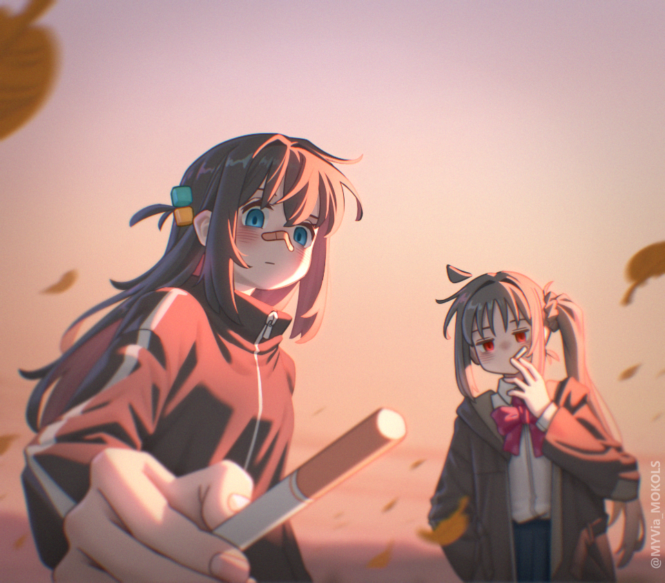 2girls, ahoge, artist_name, autumn, autumn_leaves, bandaid, bandaid_on_face, bandaid_on_nose