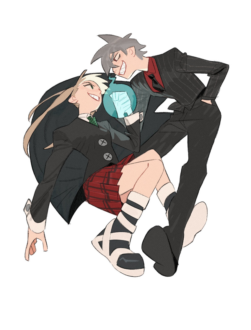 1boy, 1girl, black_jacket, black_necktie, black_pants, black_suit, boots, brown_hair