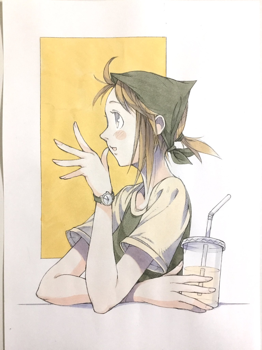 1girl, arm_rest, bandana, blue_eyes, brown_hair, commentary, cup, disposable_cup