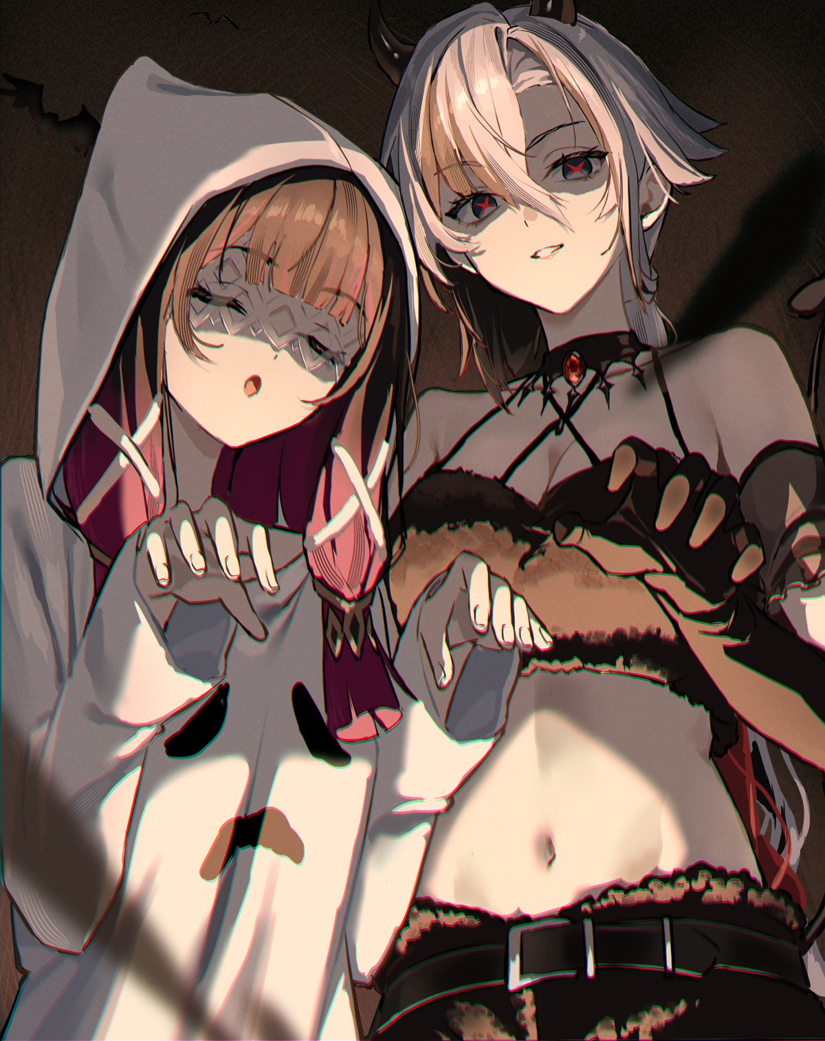 arlecchino_(genshin_impact), blunt_bangs, closed_eyes, columbina_(genshin_impact), demon_costume, genshin_impact, ghost_costume, ghost_pose, halloween_costume, highres, horns, mask, midriff, nao_(naoooo_a), red_pupils