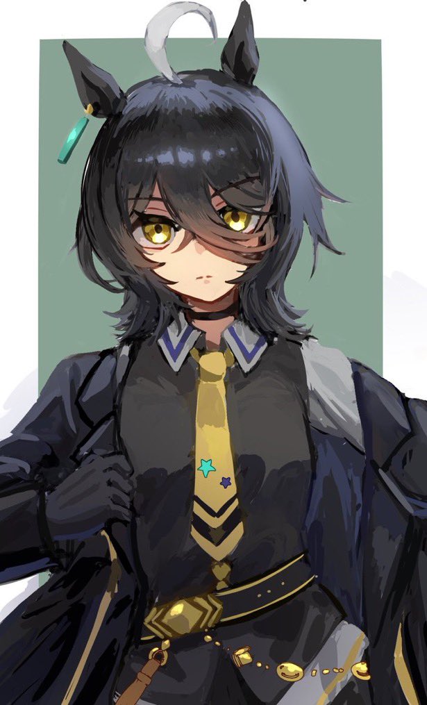 1girl, ahoge, animal_ears, black_hair, ear_ornament, ear_tag, earrings, hair_between_eyes
