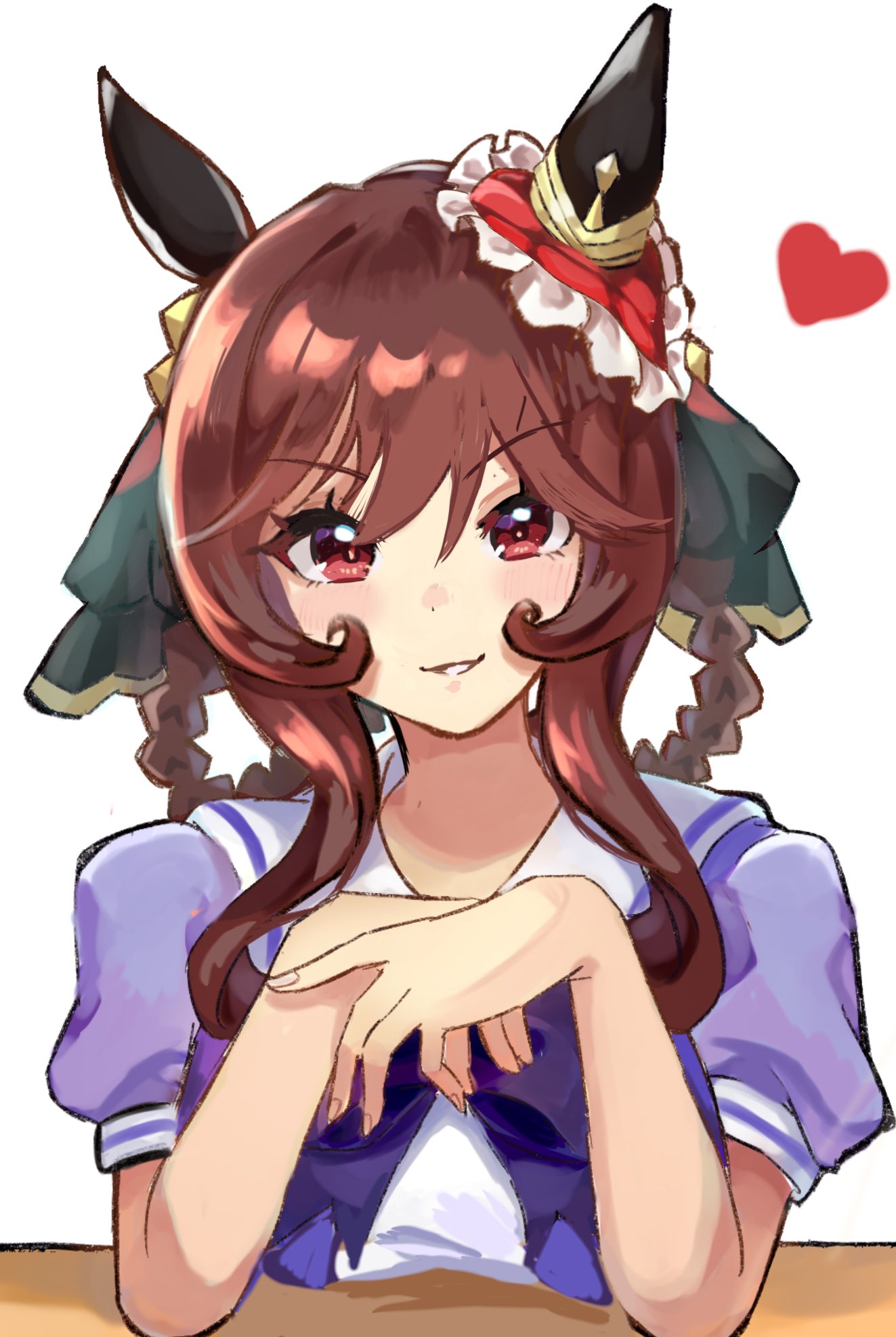 1girl, animal_ears, blush, braid, braided_hair_rings, brown_hair, ear_covers, ear_ornament, gentildonna_(umamusume), hair_between_eyes, hair_ornament, hair_rings, heart-shaped_ornament, heart_ear_ornament, highres, horse_ears, horse_girl, looking_at_viewer, purple_serafuku, red_eyes, school_uniform, serafuku, simple_background, single_ear_cover, smile, solo, sui_sui0510, tracen_school_uniform, umamusume, white_background