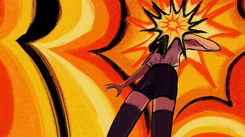 1girl, black_ribbon, black_shorts, black_thighhighs, chainsaw_man, explosion, highres, nuwi_(furinuwi)