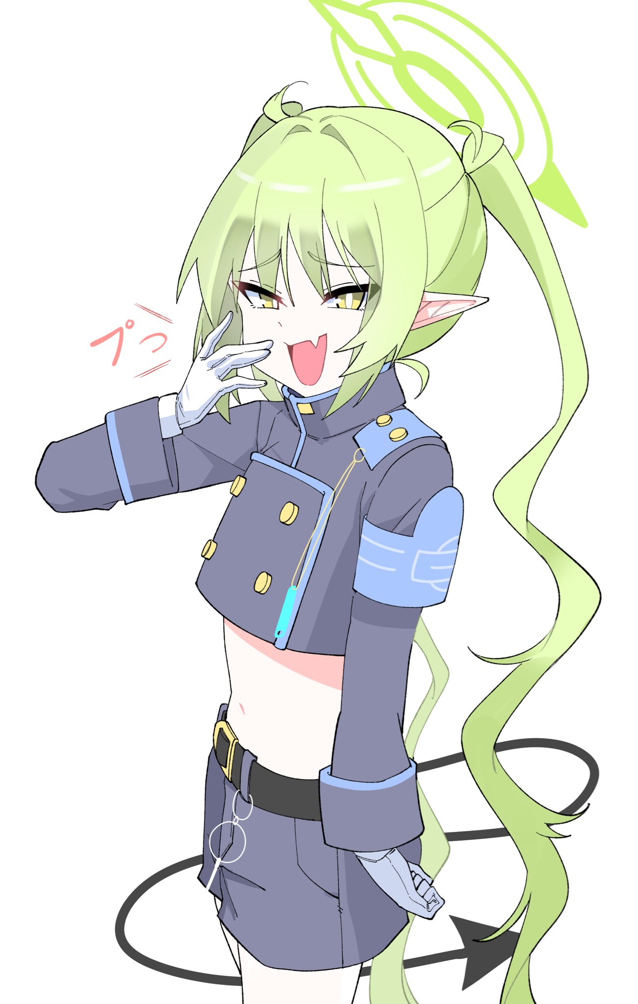 1girl, armband, bag, belt, blue_archive, demon_tail, fang, gloves, green_hair, halo, hat, highres, laughing, long_hair, mesugaki, mesugaki_pose, navel, nozomi_(blue_archive), pointy_ears, tail, train_conductor, twintails, white_gloves, yellow_eyes, zhugul0804