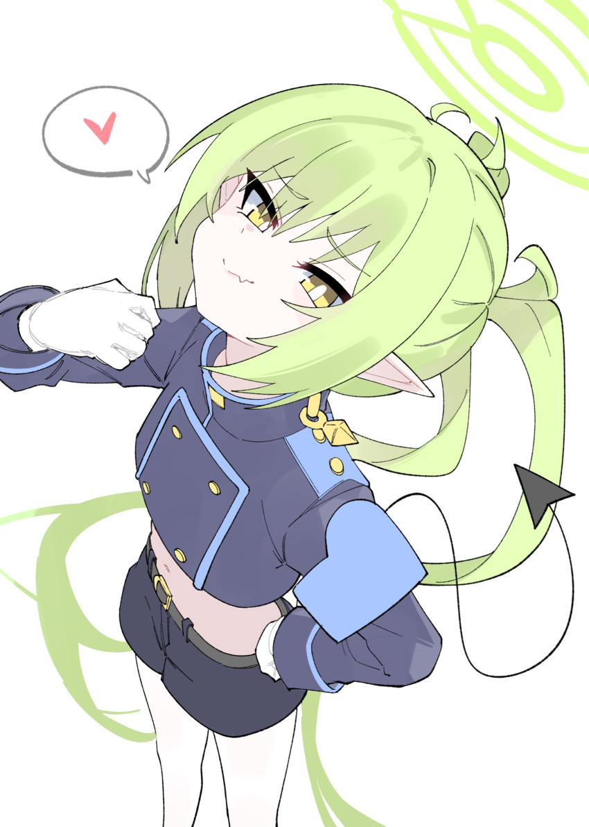 1girl, armband, bag, belt, blue_archive, demon_tail, fang, gloves, green_hair, halo, hat, heart, highres, long_hair, mesugaki, navel, nozomi_(blue_archive), pointy_ears, spoken_heart, tail, train_conductor, twintails, white_gloves, yellow_eyes, zhugul0804