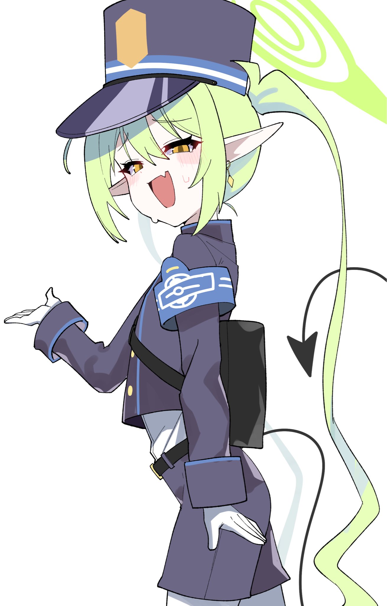1girl, armband, bag, belt, blue_archive, demon_tail, fang, gloves, green_hair, halo, hat, highres, mesugaki, nozomi_(blue_archive), pointy_ears, tail, train_conductor, twintails, white_gloves, yellow_eyes, zhugul0804