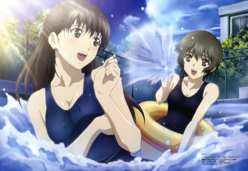 absurdres, black_eyes, blush, brown_hair, cloud, ein, ein_(phantom), fujieda_mio, highres, innertube, long_hair, megami, multiple_girls, official_art, one-piece_swimsuit, phantom_of_inferno, pool, requiem_for_the_phantom, school_swimsuit, short_hair, sky, swimsuit, swimsuit, water, yamashita_yoshimitsu