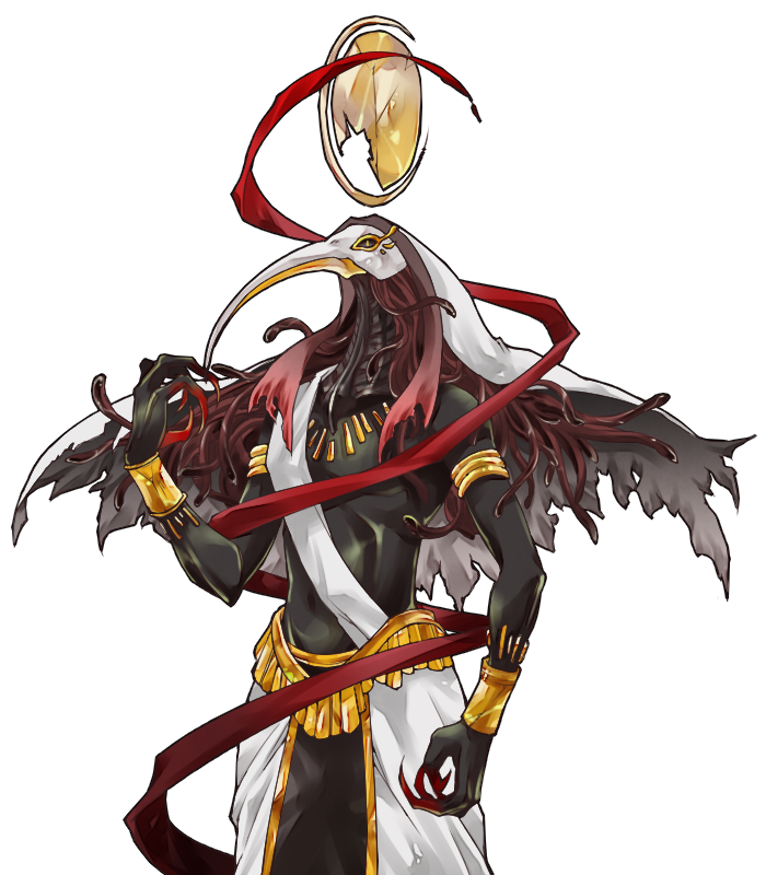 1boy, ancient_egyptian_clothes, armlet, bird_boy, black_skin, bracelet, call_of_cthulhu, colored_skin, commentary_request, cthulhu_mythos, egyptian_mythology, gold_armlet, gold_bracelet, jewelry, navel, red_claws, simple_background, solo, tachi-e, thoth_(mythology), tmtkai, transparent_background