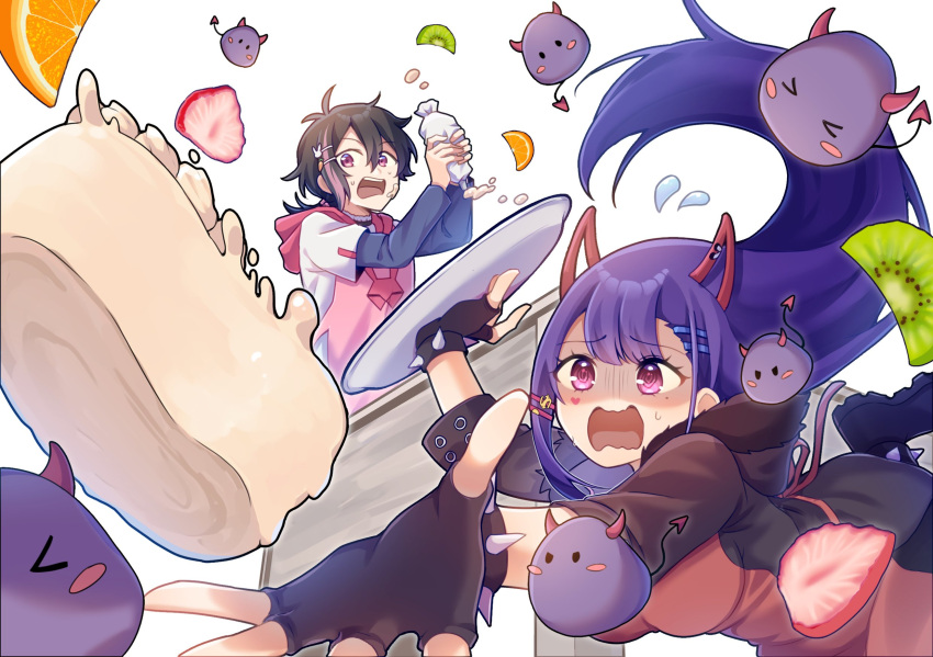 1boy, 1girl, aidhaaichii, akuma_nihmune, akuma_nihmune_(demon_past), birthday, black_coat, black_gloves, black_hair, breasts, cake, catching, coat, commission, d:, demon_horns, falling, fingerless_gloves, flying_sweatdrops, food, food_on_face, fruit, fur-trimmed_coat, fur_trim, gloves, hair_between_eyes, hair_ornament, hairclip, highres, holding, holding_pastry_bag, holding_plate, hood, hooded_coat, horns, indie_virtual_youtuber, kiwi_(fruit), kiwi_slice, large_breasts, leaning_forward, long_hair, noomba_(akuma_nihmune), open_mouth, orange_(fruit), orange_slice, pastry_bag, pink_eyes, pink_streaks, plate, red_horns, red_shirt, screw, shirt, spiked_gloves, strawberry, strawberry_slice, trap, virtual_youtuber