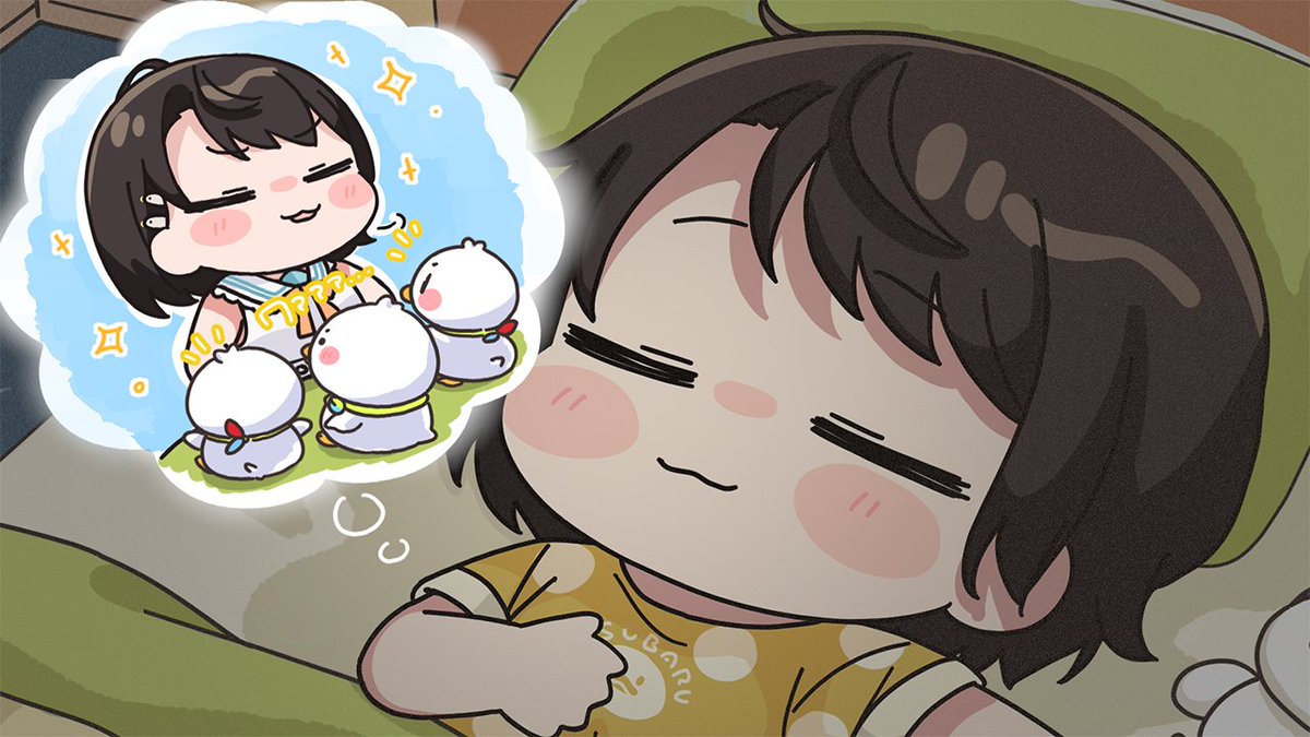 1girl, bed, blush_stickers, brown_shirt, character_name, chibi, closed_eyes, closed_mouth, clothes_writing, collared_shirt, hololive, indoors, lying, mochimiko, on_back, oozora_subaru, oozora_subaru_(9th_costume), pillow, shirt, short_sleeves, sleeveless, sleeveless_shirt, smile, under_covers, virtual_youtuber, white_shirt