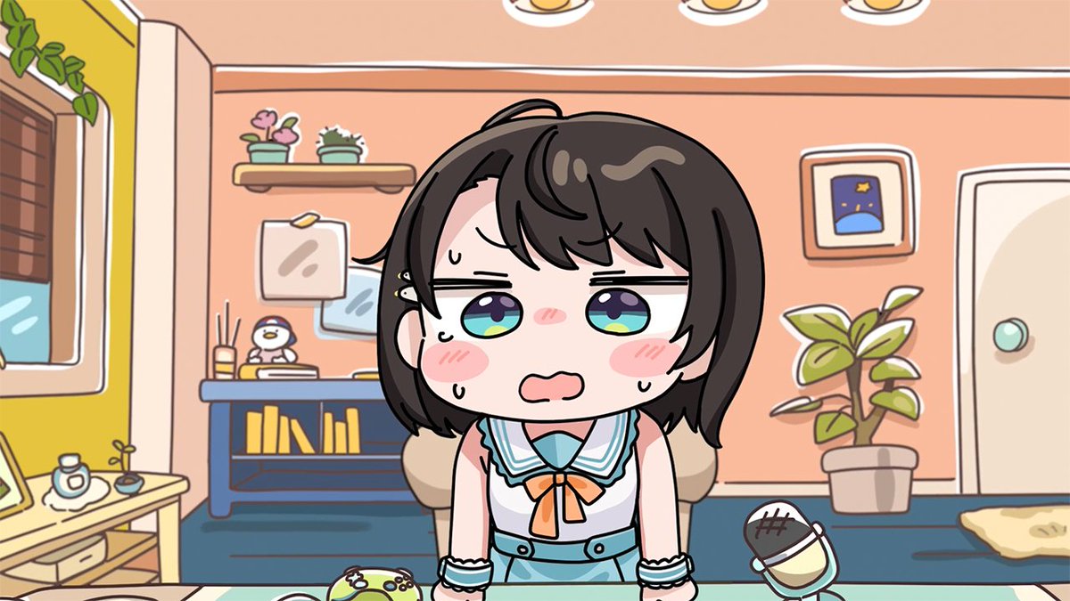 1girl, black_hair, blue_eyes, blue_skirt, blush_stickers, chibi, collared_shirt, commentary_request