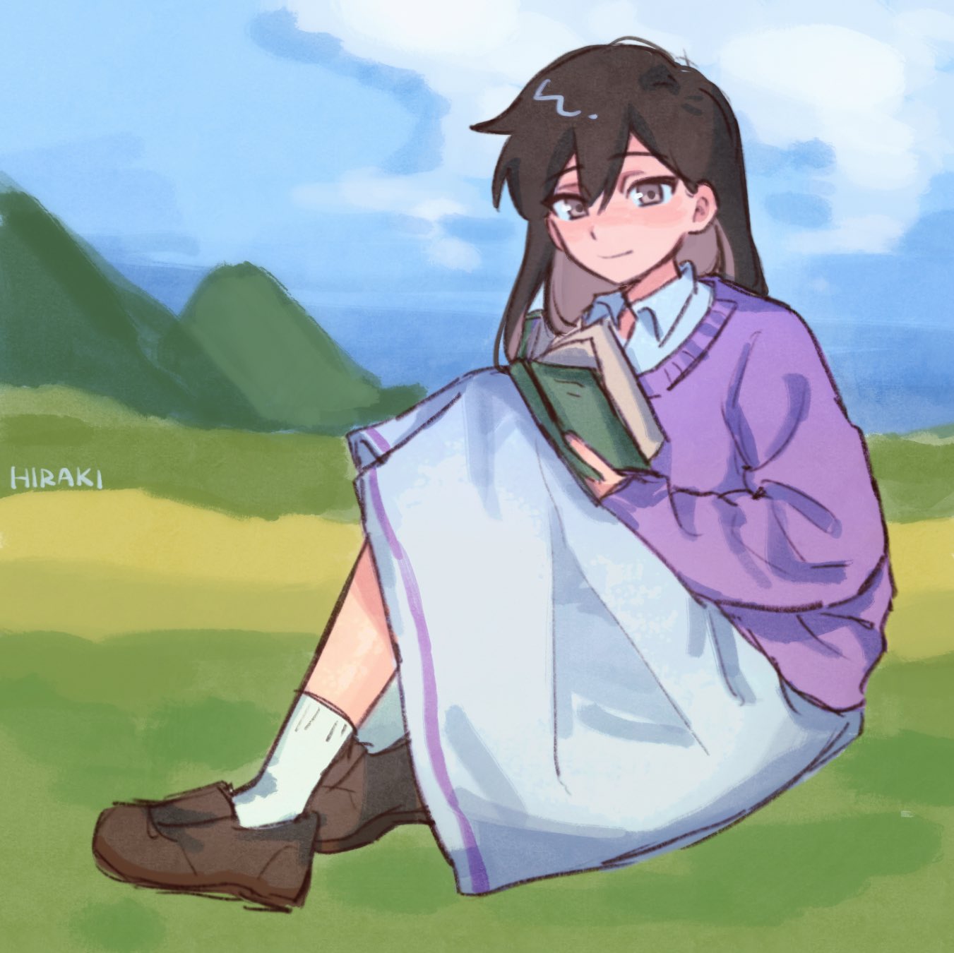 1girl, alternate_costume, aoihiraki, black_eyes, black_hair, blue_sky, book, brown_shoes, closed_mouth, collared_shirt, day, double-parted_bangs, hair_between_eyes, highres, holding, holding_book, knees_up, long_sleeves, looking_at_viewer, mari_(faraway)_(omori), mari_(omori), omori, outdoors, purple_sweater, shirt, shirt_under_sweater, shoes, skirt, sky, smile, socks, solo, sweater, white_shirt, white_skirt, white_socks