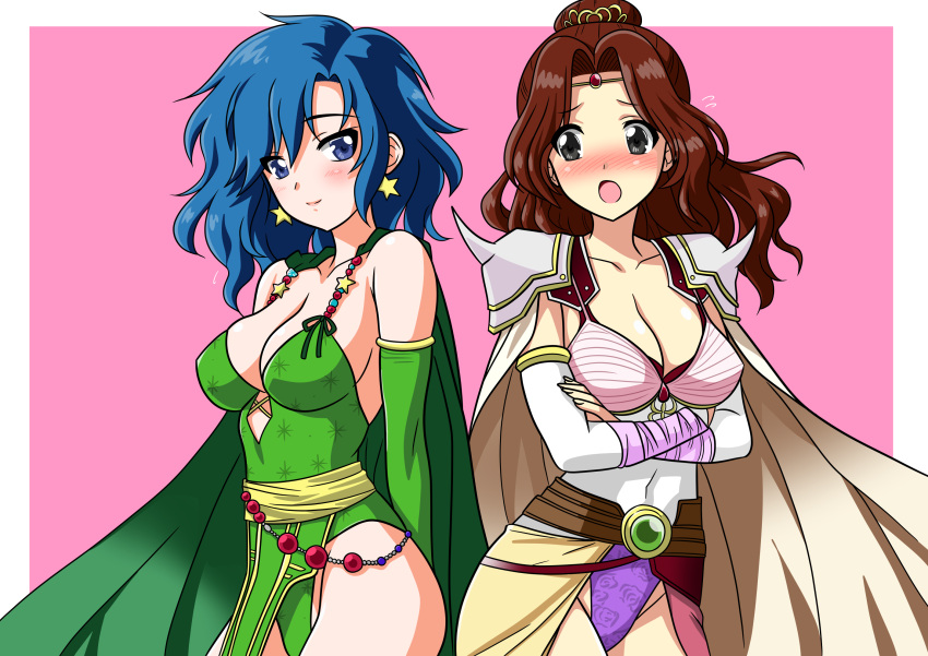2girls, armor, belt, bipiq_(tedbob84), blue_eyes, blue_hair, blush, borrowed_character
